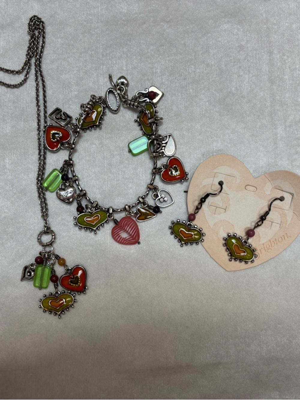 Brighton Portabello Silver Green and Coral Heart Charm Jewelry 3 Piece Set